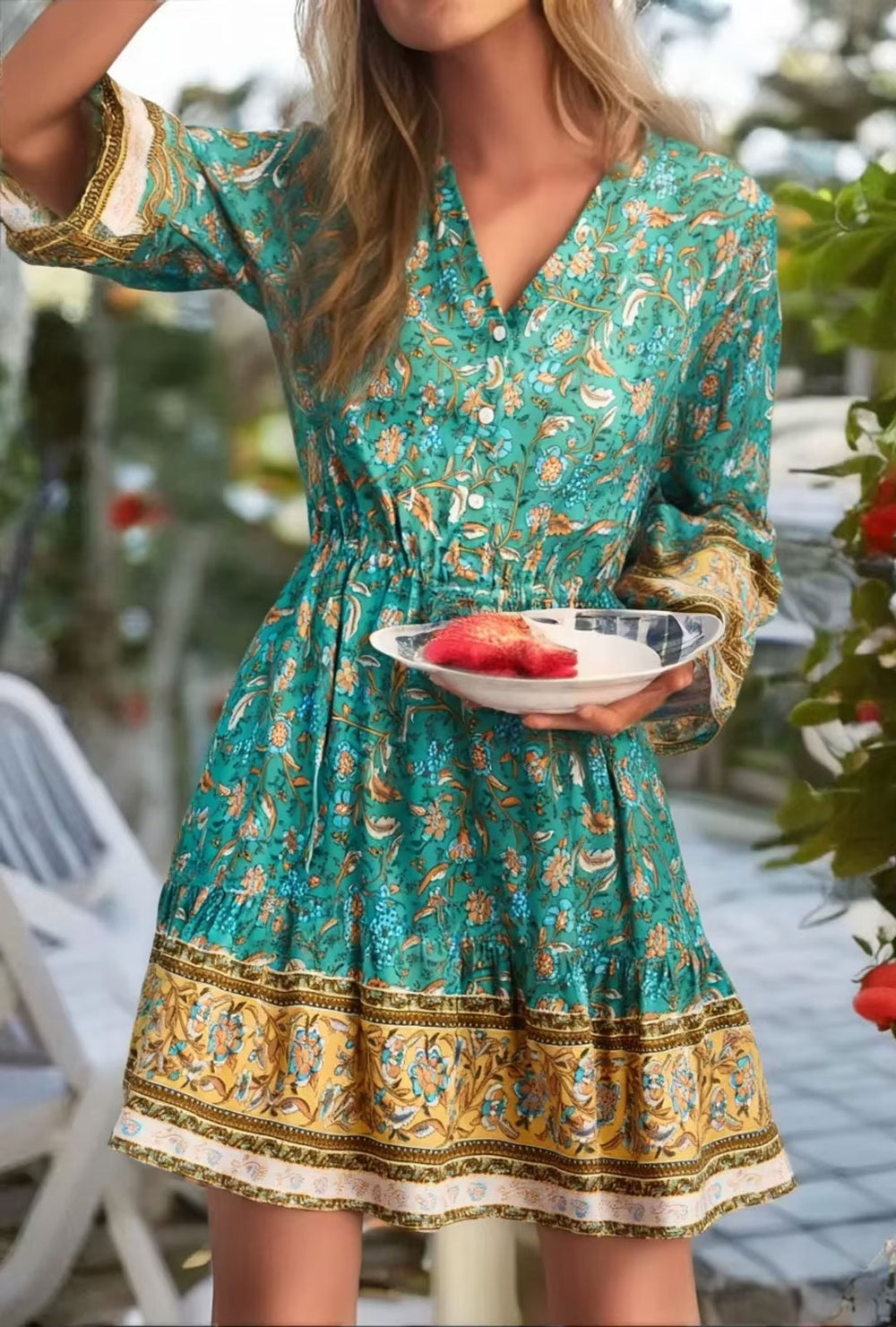 green boho mini dress Boho Mini Dress – Green Floral Button-Down Sundress Maeve, blue / S