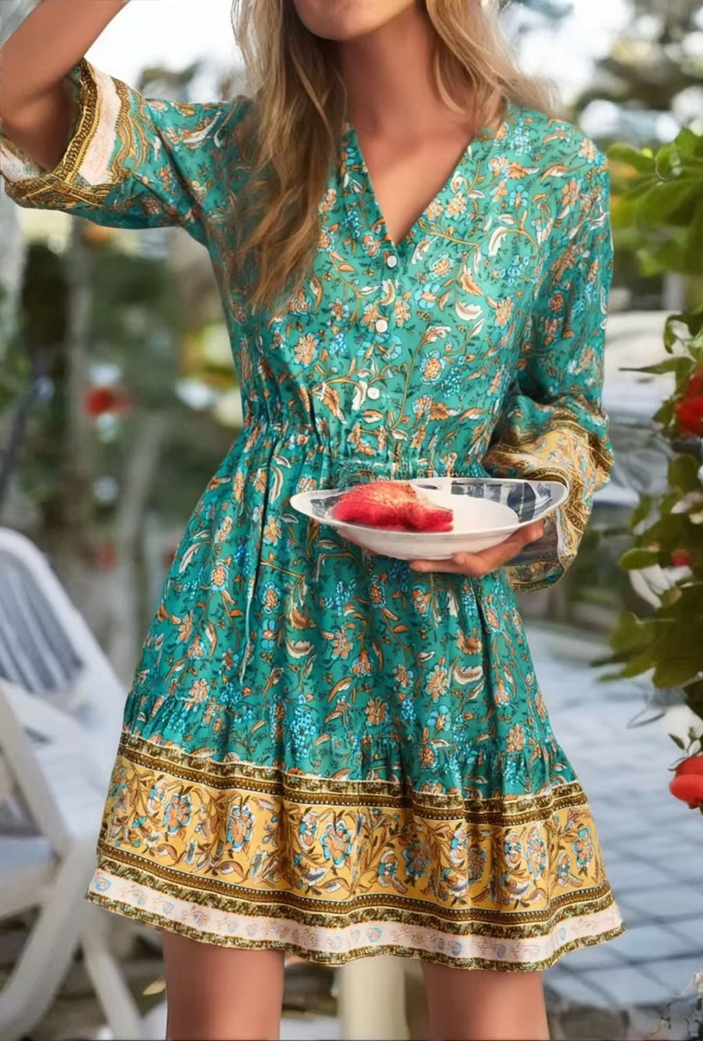 Boho Mini Dress Green Floral Button-Down Sundress Maeve, blue / S Boho Mini Dress Green Floral Button-Down Sundress Maeve, blue / S
