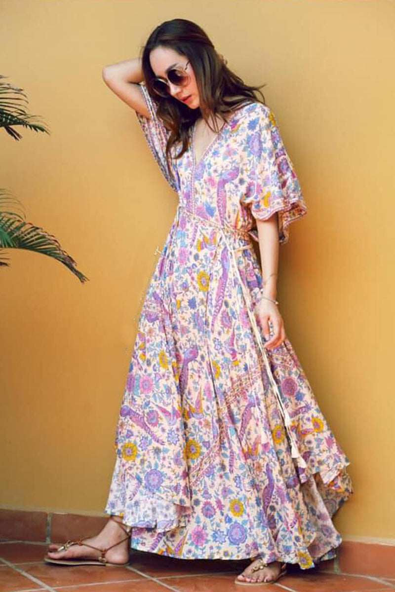 Boho Sundress – “Bird Flower in Blue” Lightweight Maxi Dress for Summer Days beige / XL