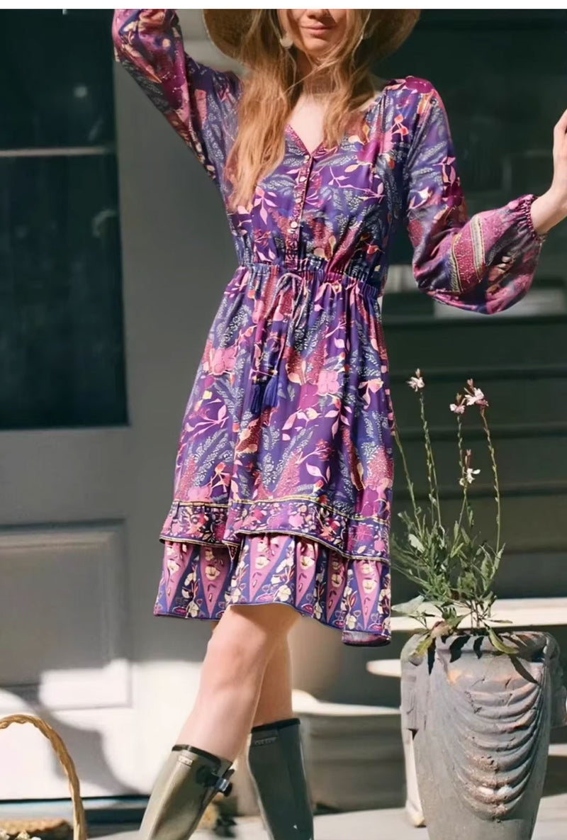 Purple Wisteria Boho Floral Print Long Sleeve Mini Dress M / Purple Purple Wisteria Boho Floral Print Long Sleeve Mini Dress M / Purple