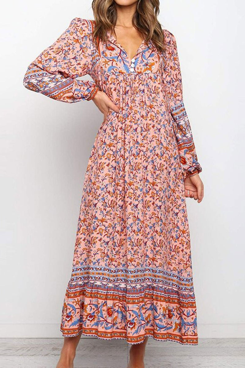 Boho Maxi Gown Vacation in Pink Flowy Dress for Women, Fuchsia / S Boho Maxi Gown Vacation in Pink Flowy Dress for Women, Fuchsia / S