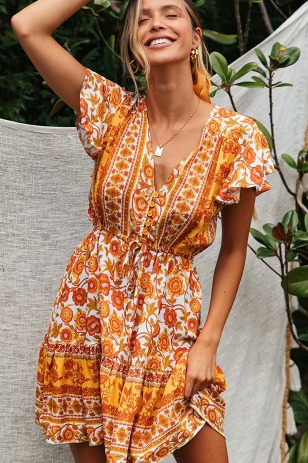 Boho Mini Dress Apricot Yellow Flowy Sundress for Women, yellow / S Boho Mini Dress Apricot Yellow Flowy Sundress for Women, yellow / S