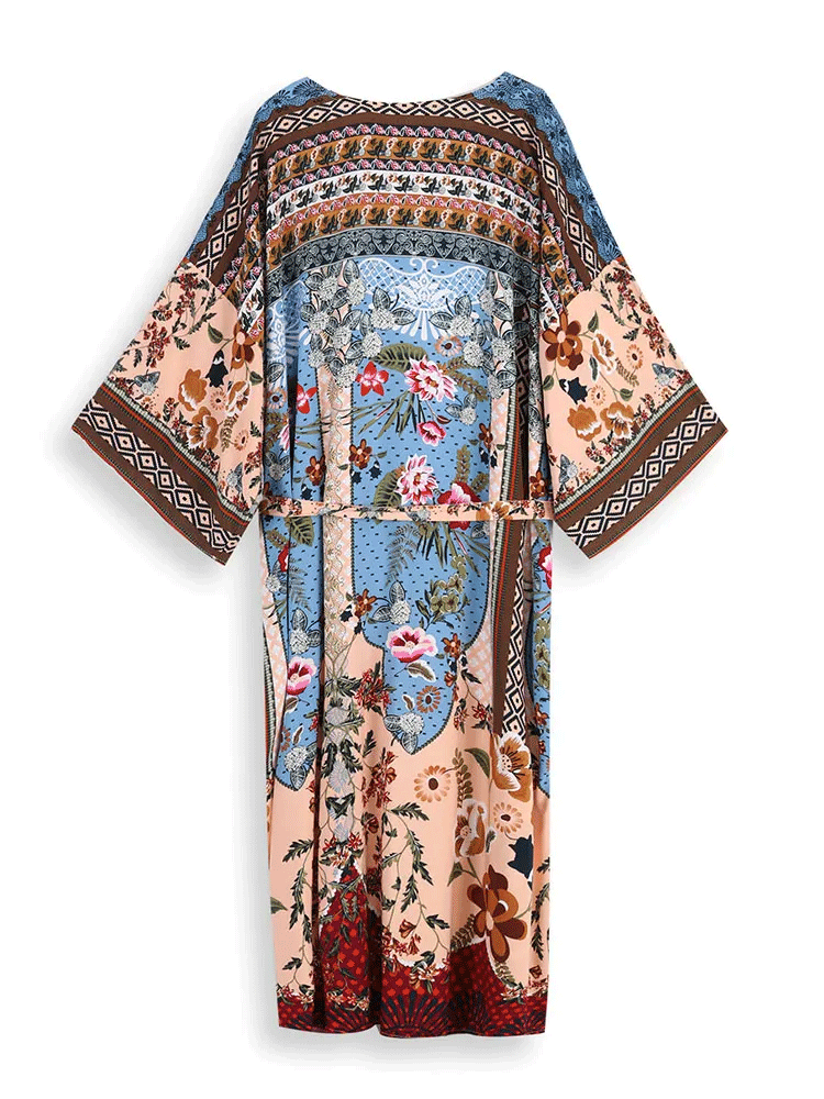 Beach Robe - Boho Robe - Summer Chic Cover-Up with Flower Feather Print Sunniva