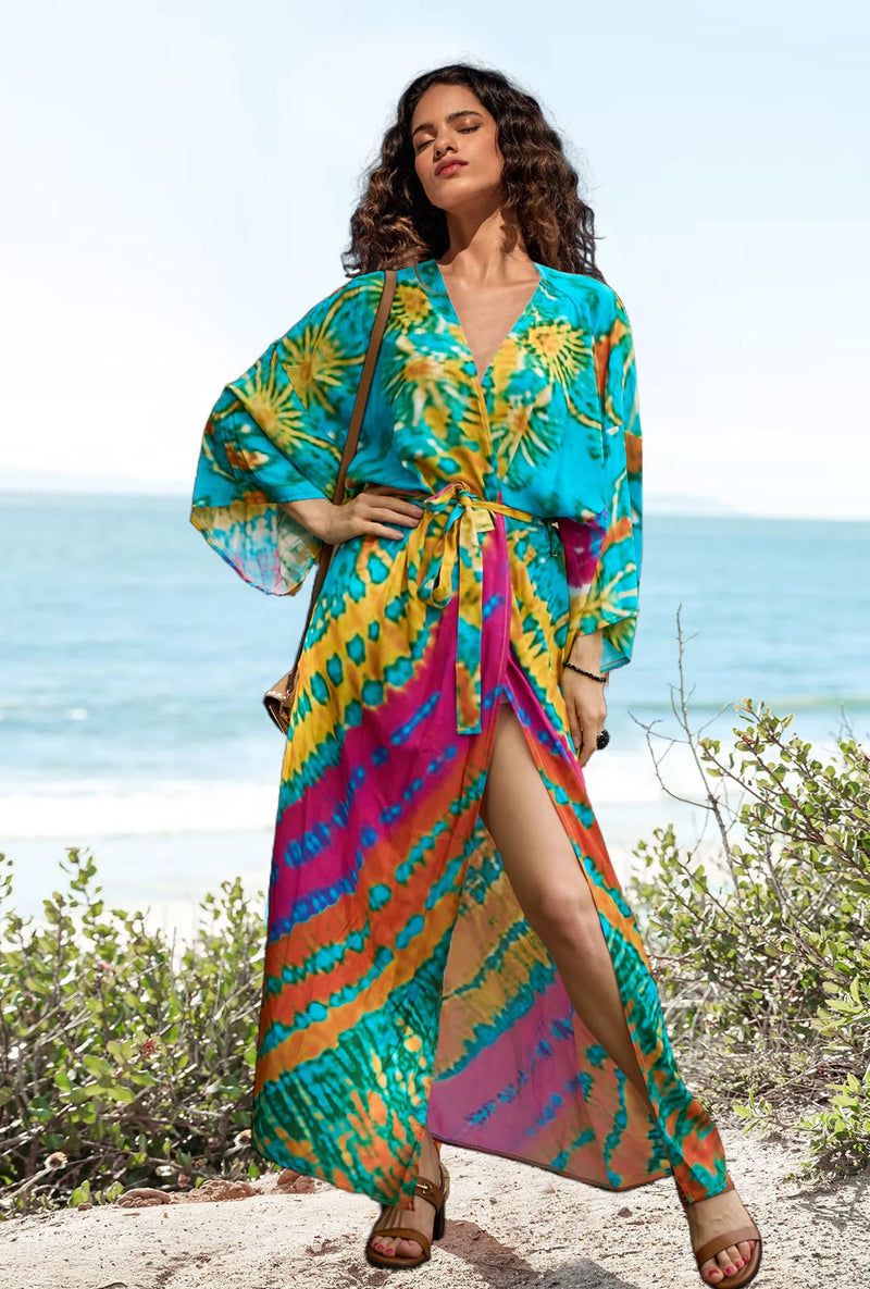 Beach Robe - Boho Robe - Summer Chic Cover-Up with Tie Dye Ausha Green