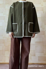 Boho Winter Coat - Wool Mix Autumn Coat With Scarf - Yolanda: Vintage Patchwork in Green