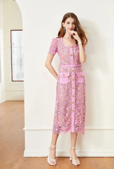 Vintage Boho Midi Dress - Pink Fusia | Embroidered Lace Bohemian Style Dress