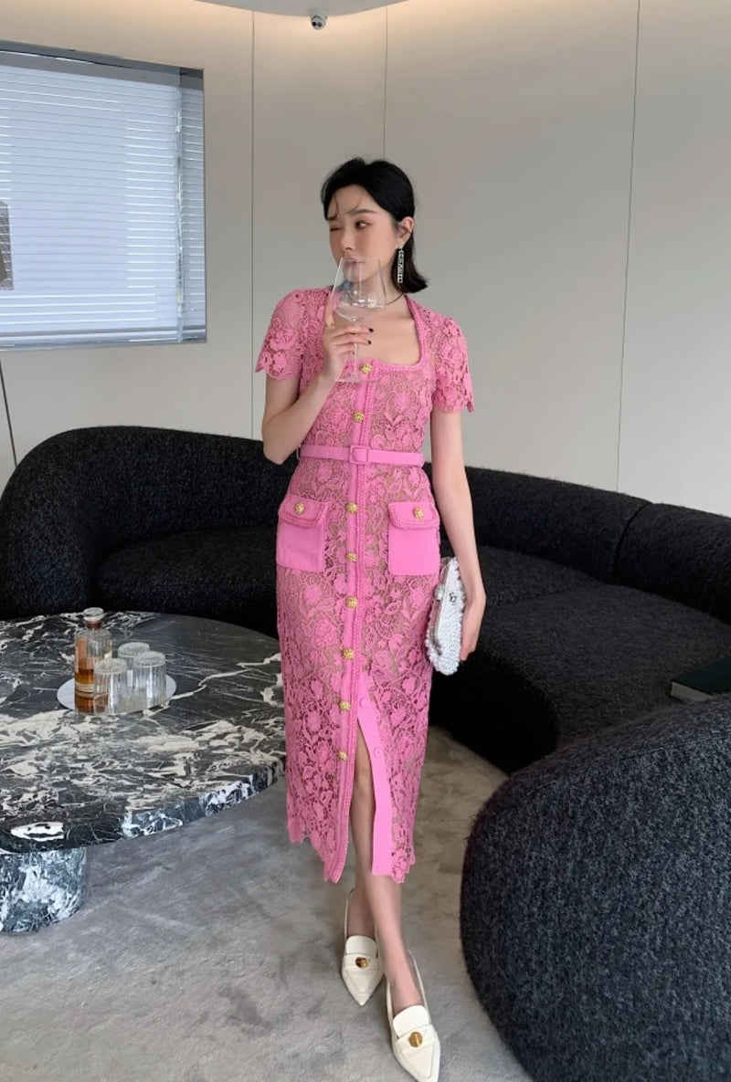 Vintage Boho Midi Dress - Pink Fusia