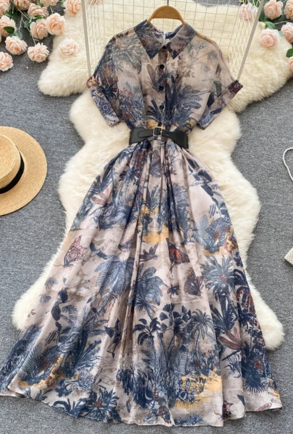 Vintage Boho Midi Dress - Embroidered Bohemian Style Shirt Dress with Beach Print
