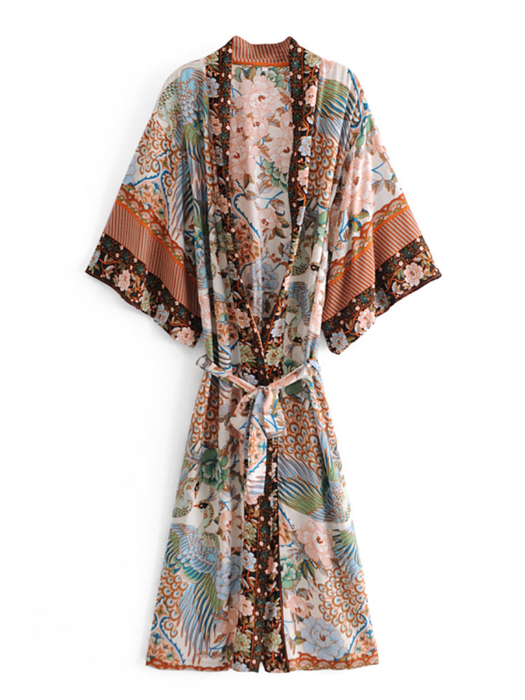 Boho Robe, Kimono Robe, Beach Cover up, Peacock in Gold Green