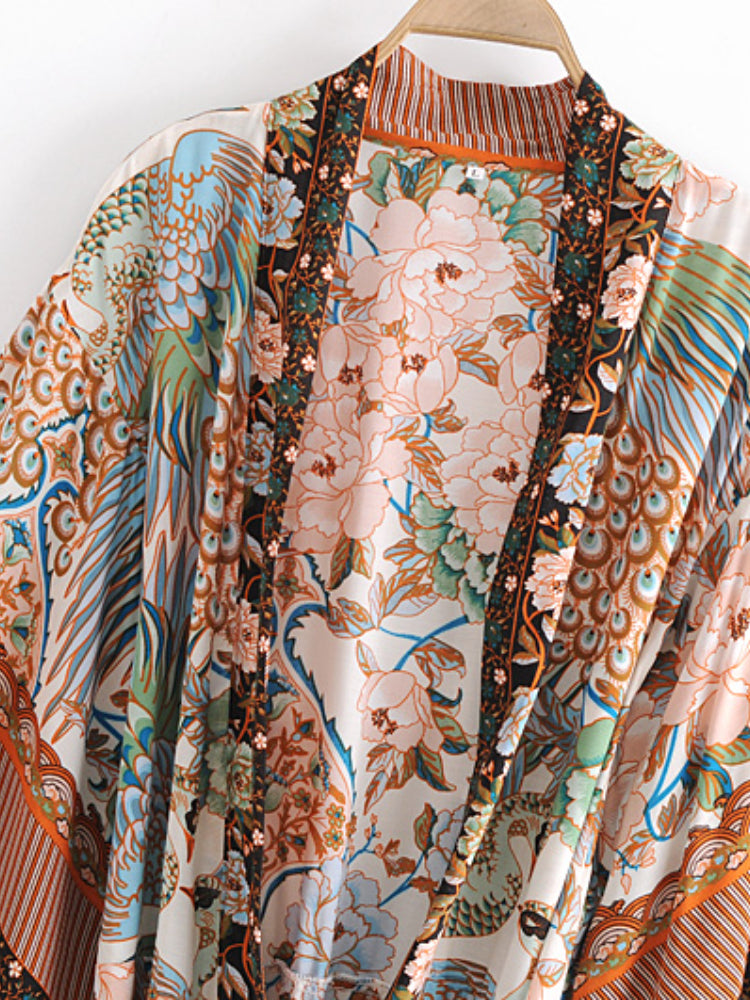 Boho Robe, Kimono Robe, Beach Cover up, Peacock in Gold Green