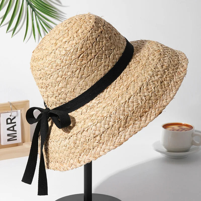 Boho Hat, Sun Beach Hat, Raffia Hat, Camila Retro Bucket Hat with Black and White Ribbon