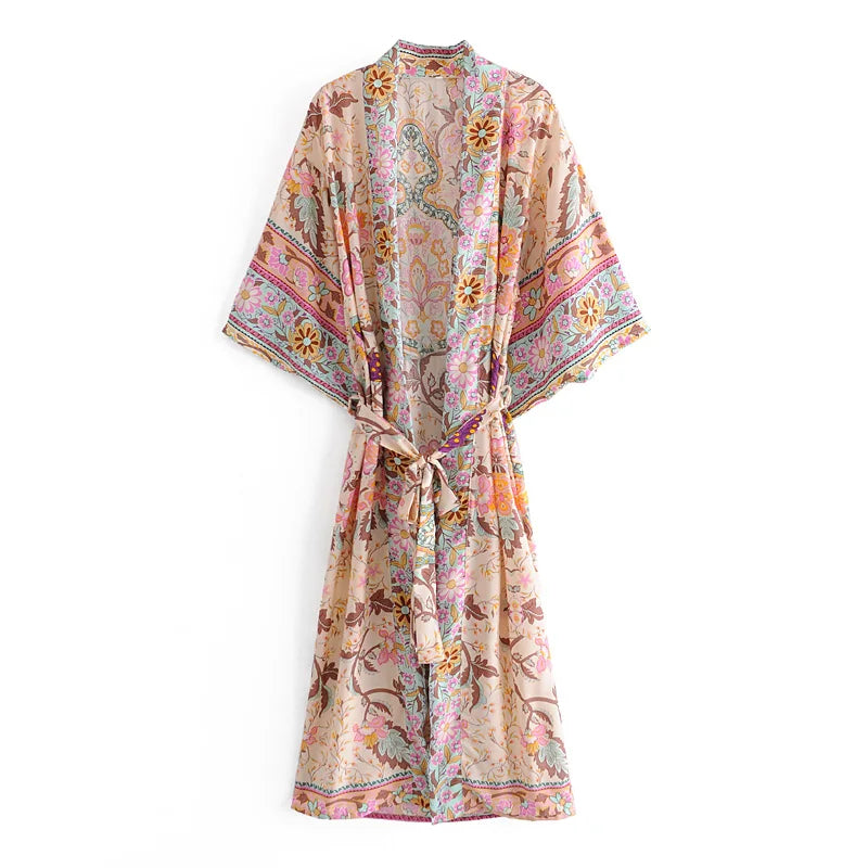 Bohemian Kimono Robe – “Peony” Green & Beige Floral Beach Cover-Up for Women