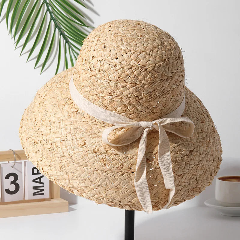 Boho Hat, Sun Beach Hat, Raffia Hat, Camila Retro Bucket Hat with Black and White Ribbon