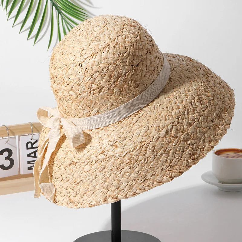 Boho Hat, Sun Beach Hat, Raffia Hat, Camila Retro Bucket Hat with Black and White Ribbon