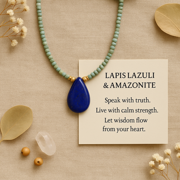 Boho Necklace, Seed Beads, Amazonite and Lapis