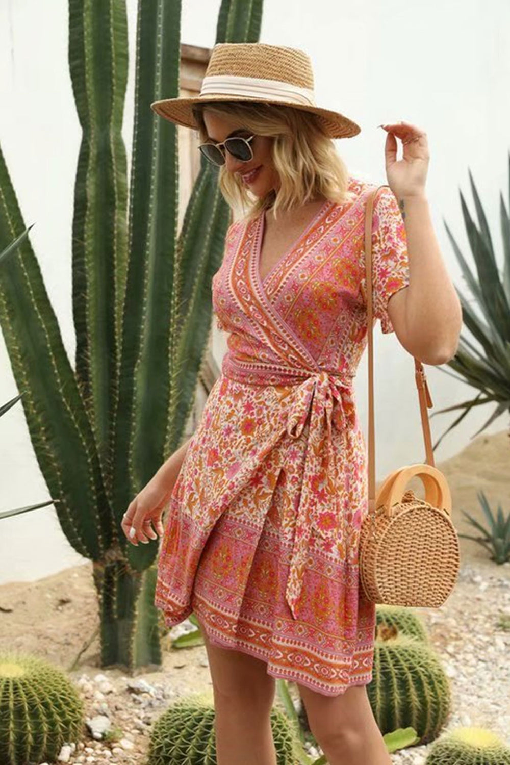 Boho Mini Dress – Summer Dress – “Sunset Garden” Short Sleeve V-Neck Floral Wrap Sundress in Black, Blue & Pink Black / XL