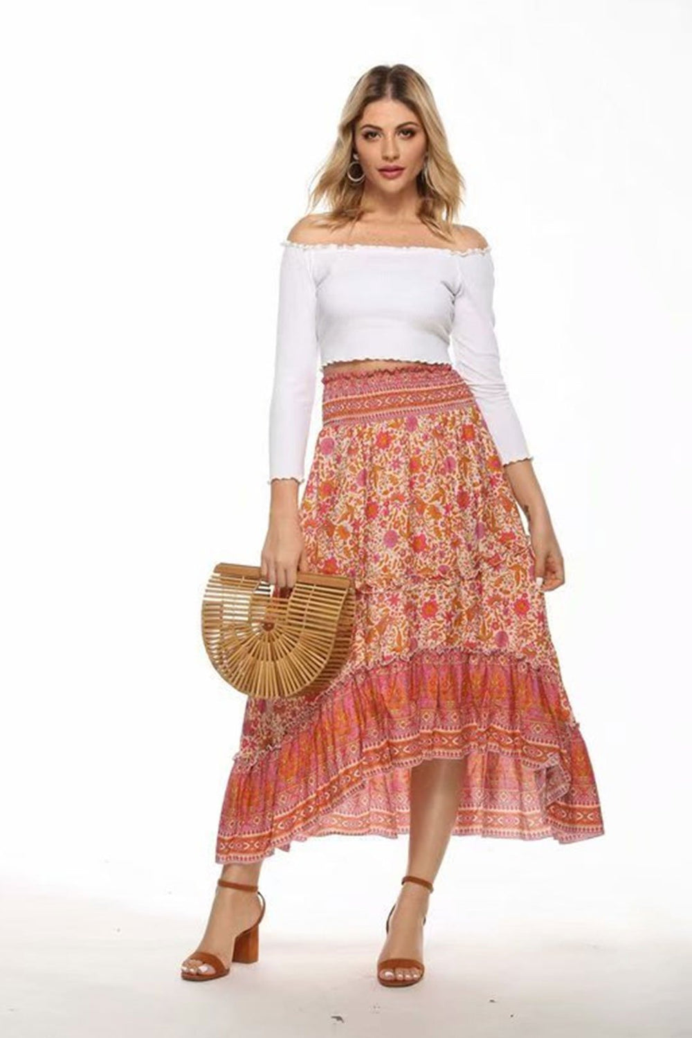 スカート [BOHEMSEO] BELTED JERSEY SKIRT Bowie Embroidered Belted Midi Skirt in blue fleur | Ramy Brook