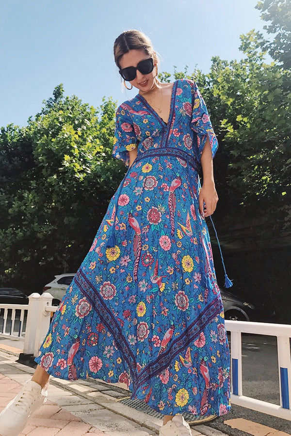 Bohemian Maxi Dress – “Mirage” Flowing Festival Gown Boho Beach Dress in Blue and Red