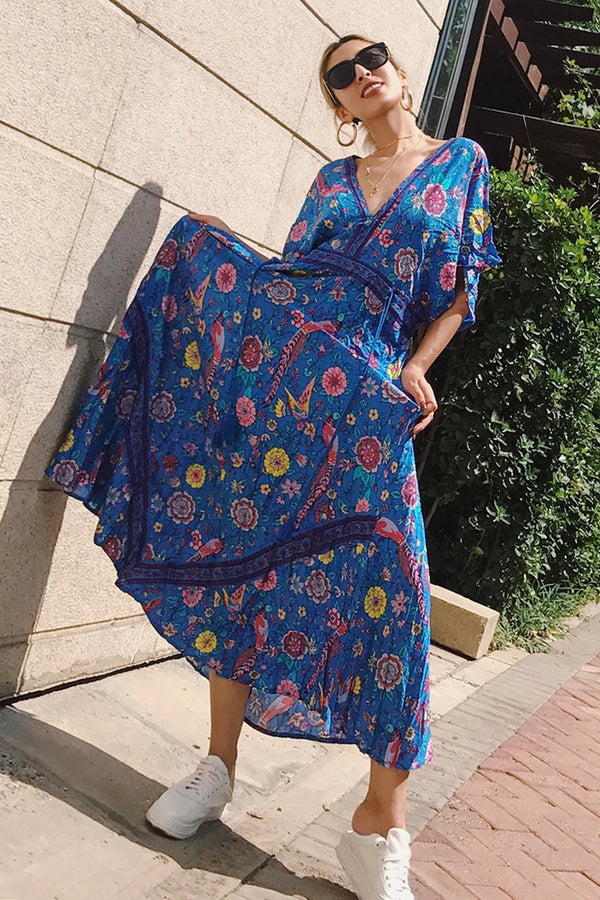 Bohemian Maxi Dress – “Mirage” Flowing Festival Gown Boho Beach Dress in Blue and Red