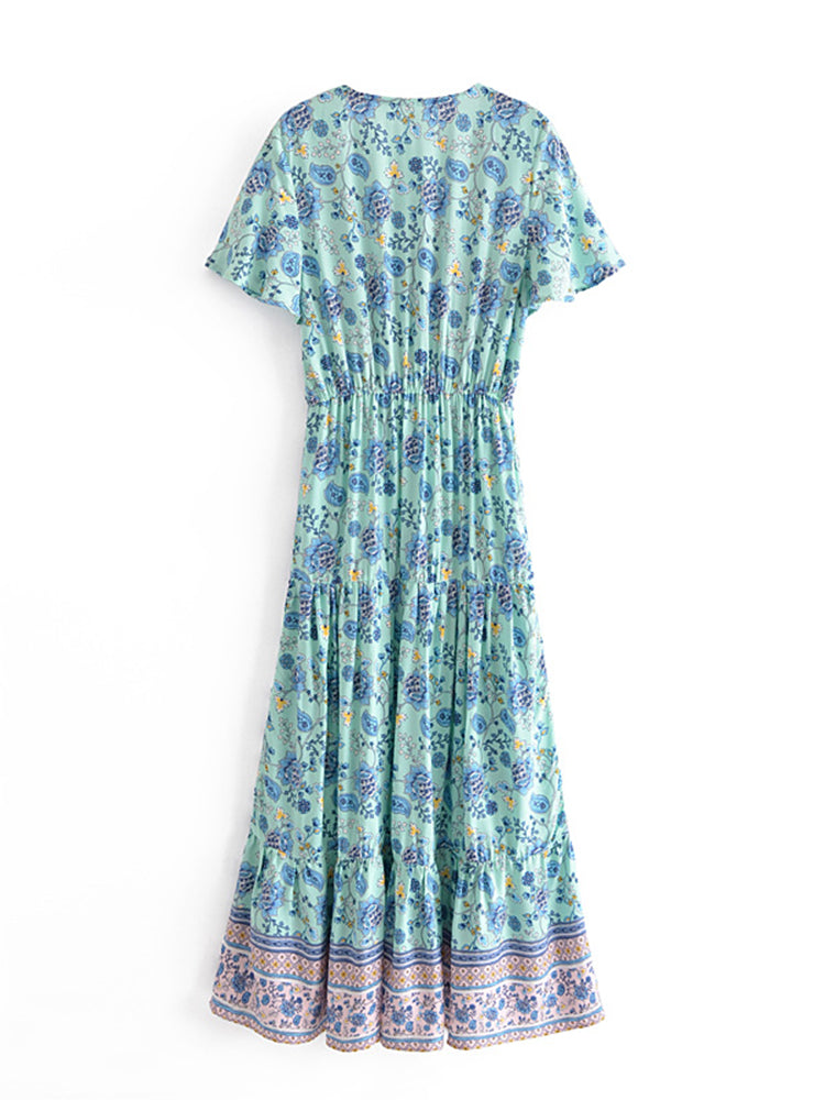 Boho Sundress – “Pink Calla” Lightweight Maxi Dress in Soft Blue Floral