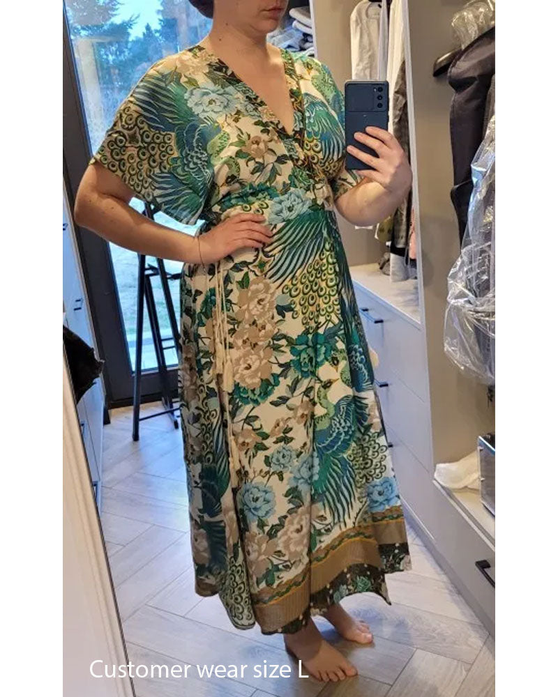 Maxi Dress - Boho Dress - Maxi Boho Sundress - Peacock Green Gold