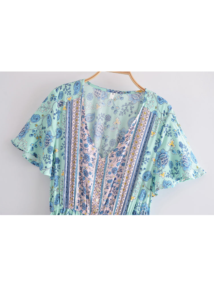 Boho Sundress – “Pink Calla” Lightweight Maxi Dress in Soft Blue Floral