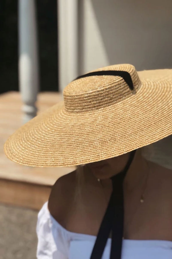 Boho Sun Beach Hat - Wide Brim Straw Hat (15-18 cm) - Flat Top with Black Ribbon