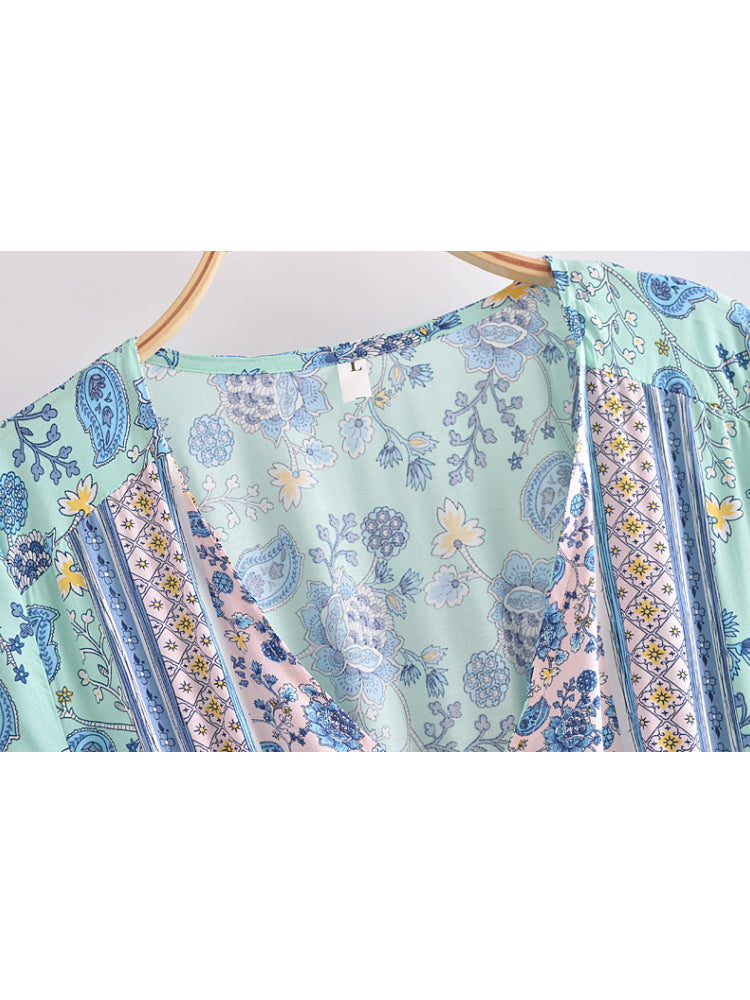 Boho Sundress – “Pink Calla” Lightweight Maxi Dress in Soft Blue Floral
