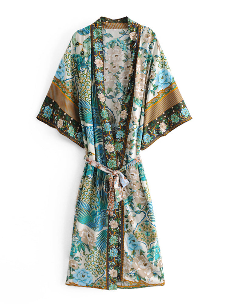 Boho Robe, Kimono Robe, Beach Cover up, Peacock in Gold Green
