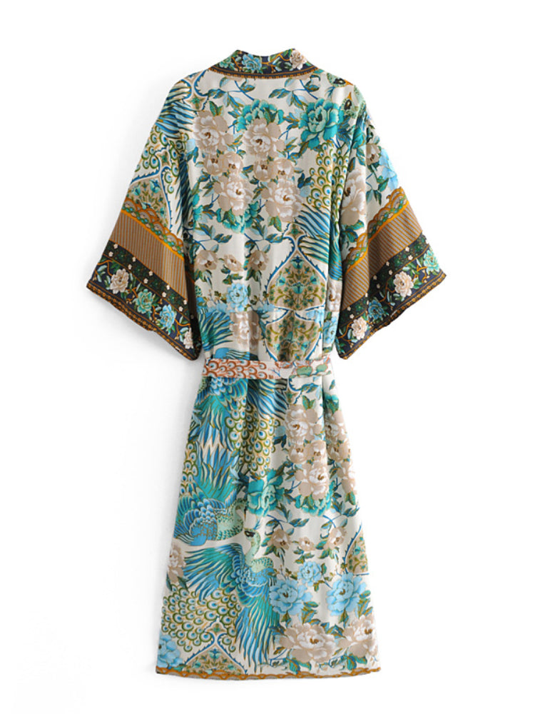 Boho Robe, Kimono Robe, Beach Cover up, Peacock in Gold Green