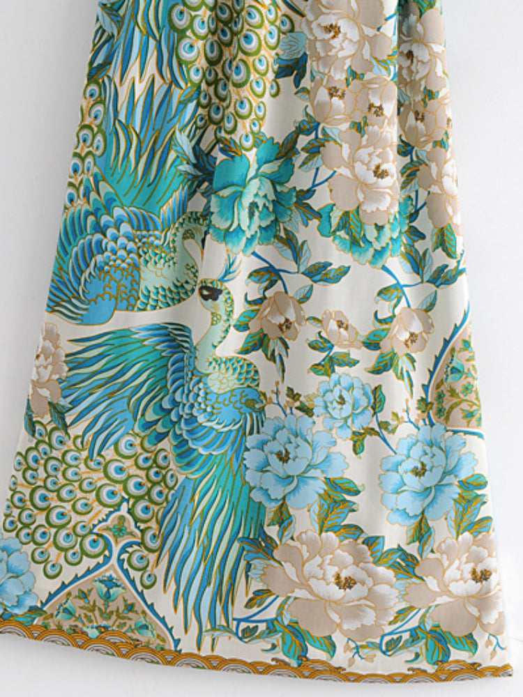 Boho Robe, Kimono Robe, Beach Cover up, Peacock in Gold Green