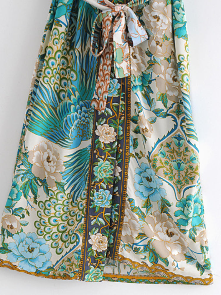 Boho Robe, Kimono Robe, Beach Cover up, Peacock in Gold Green