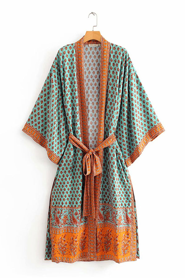 Boho Kimono Robe – “Sahara Dream” Tribal Print Long Cover-Up in Coral & Teal