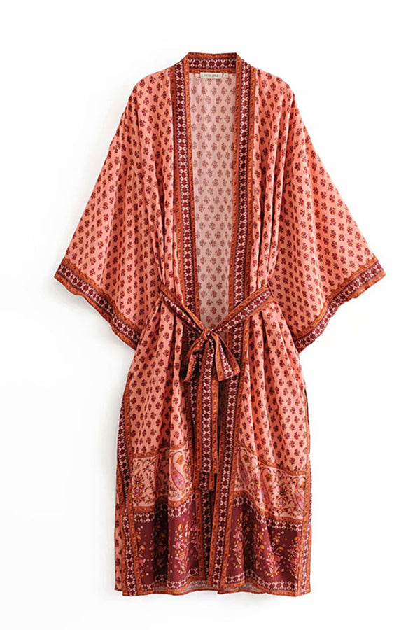 Boho Kimono Robe – “Sahara Dream” Tribal Print Long Cover-Up in Coral & Teal