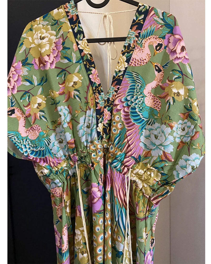 Maxi Dress - Boho Dress - Maxi Boho Sundress - Peacock Green Gold