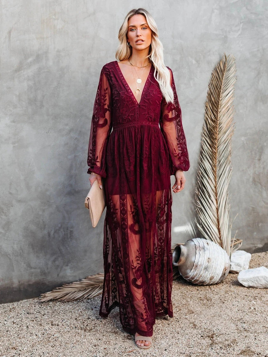 catania lace mesh embroidered bohemian maxi dress v neck Maxi Dress - Boho Dress - Sundress - Lace Dress