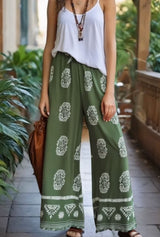 Boho Pant – Hippies Palazzo Pant, Casual Green Tribal Print Pants for Women