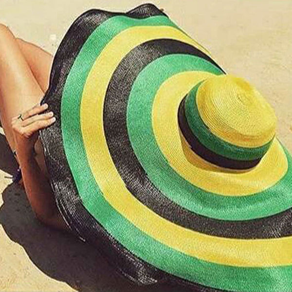Boho Hat, Sun Hat, Beach Hat, Extra Large Wide Brim, Straw Hat, Jamaika Green Yellow (Soft, 25 cm)