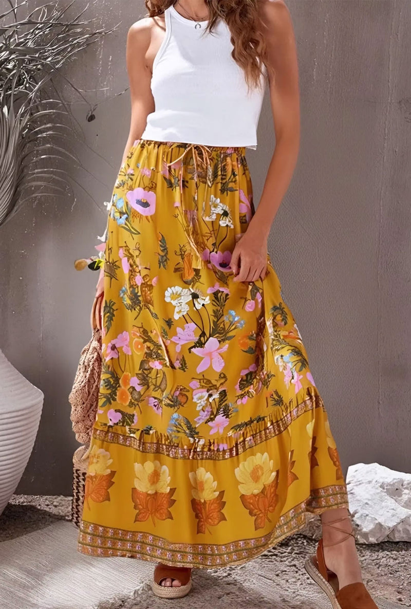 Boho Maxi Skirt – Marigold Floral Hippie Style Skirt in Mustard Yellow for Women, Summer, and Festivals