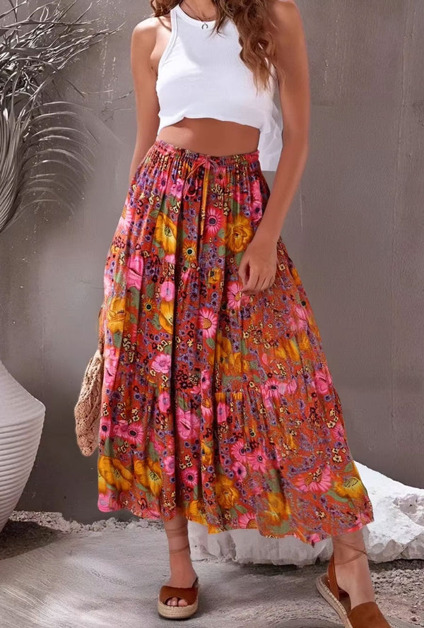 Boho Maxi Skirt – Petuni Floral Hippie Style Skirt in Mustard Yellow for Women, Summer, and Festivals