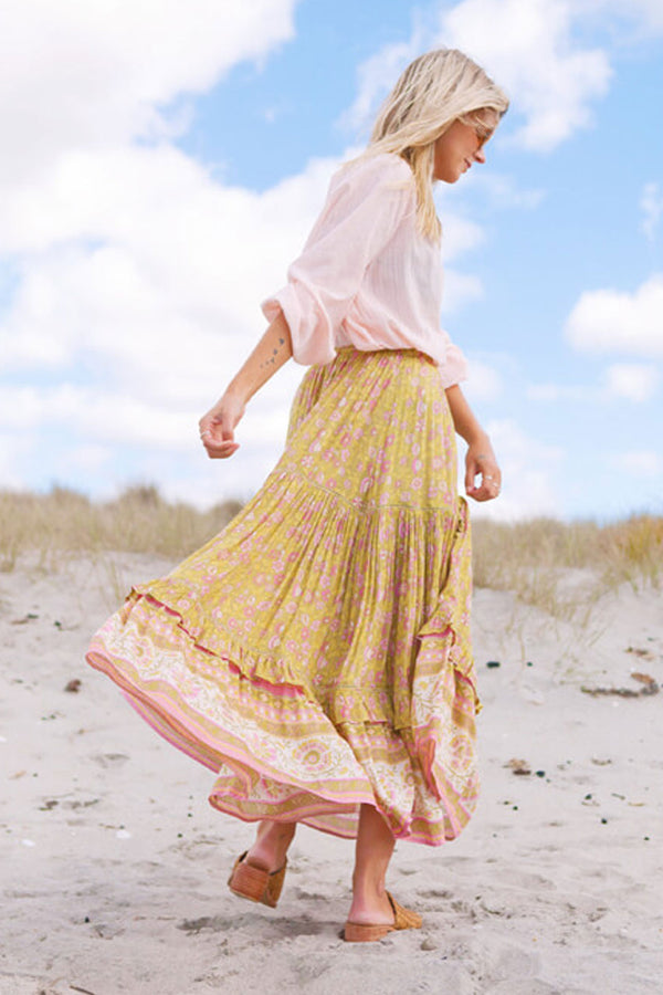 Boho Maxi Skirt – “Honey Fields” Tiered Floral Skirt in Mustard & Blush
