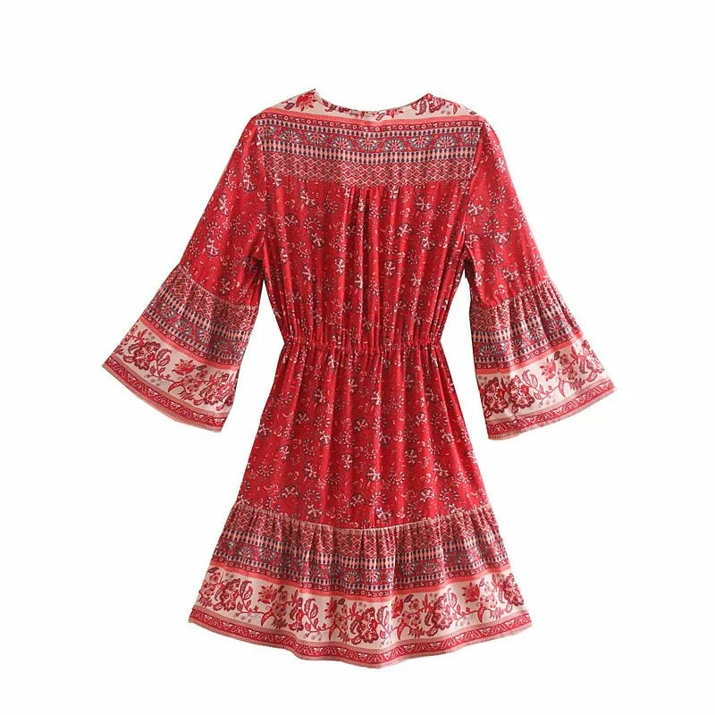 Boho Mini Dress – “Scarlet Nomad” Flowy Tribal Sundress in Rust Red kahaki / M
