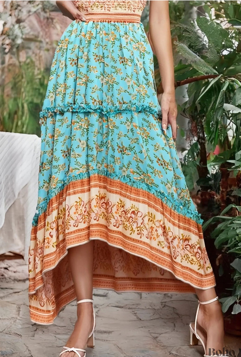 bohemian dresses and skirts Florals Flower Boho Maxi Skirt Dress Gypsy Colorful Hippie Bohemian Style Beach Summer Coconut Belt Sundress Festival Women Cloth Thailand