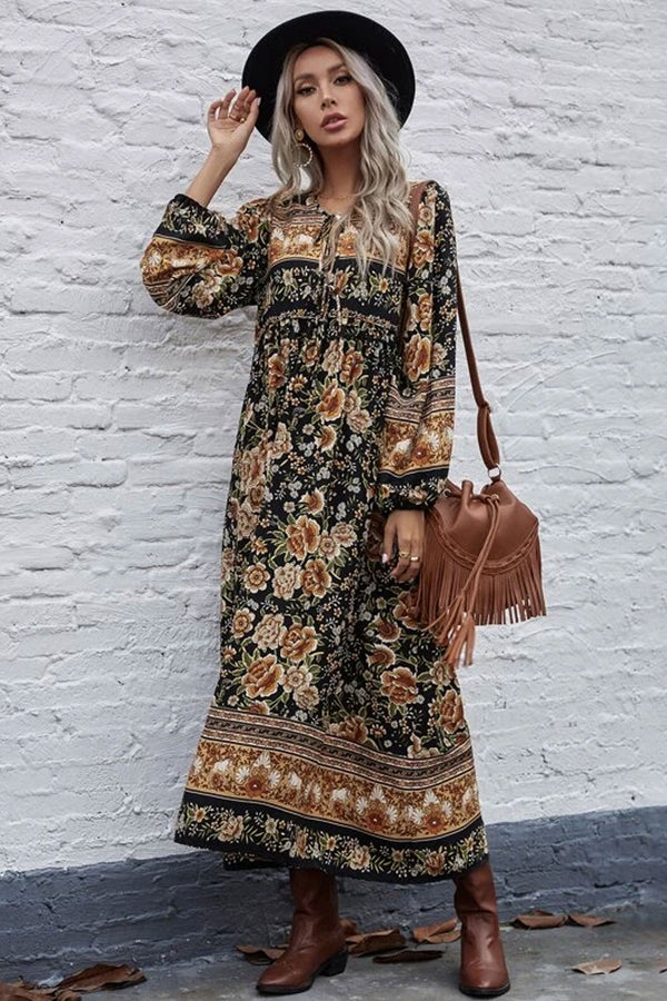 Vintage Chic Women Long Sleeve Tie Neck Ethnic Multi Floral Print Beach Bohemian Maxi Dresses Ladies Rayon Boho Dress Vestidos