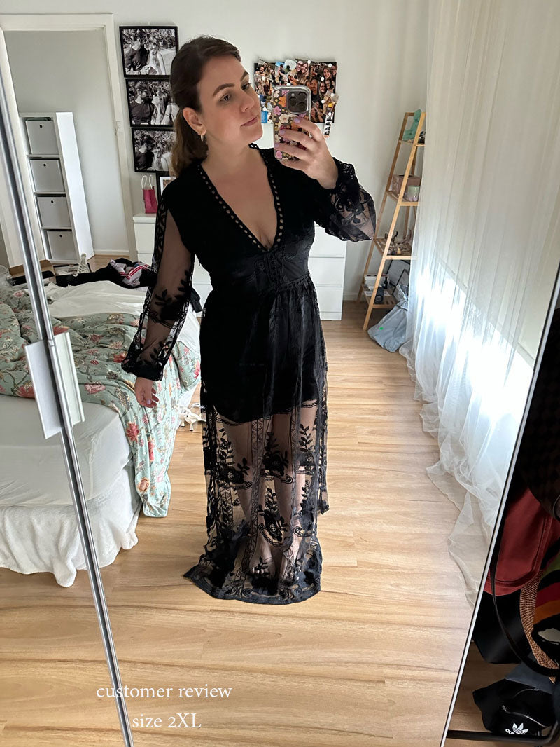 black lace boho dress delicate long sleeves Maxi Dress - Boho Dress