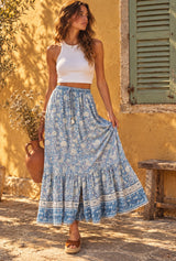 Wild Flower Blue Sky maxi skirt — Wild Rose Boho editorial cover