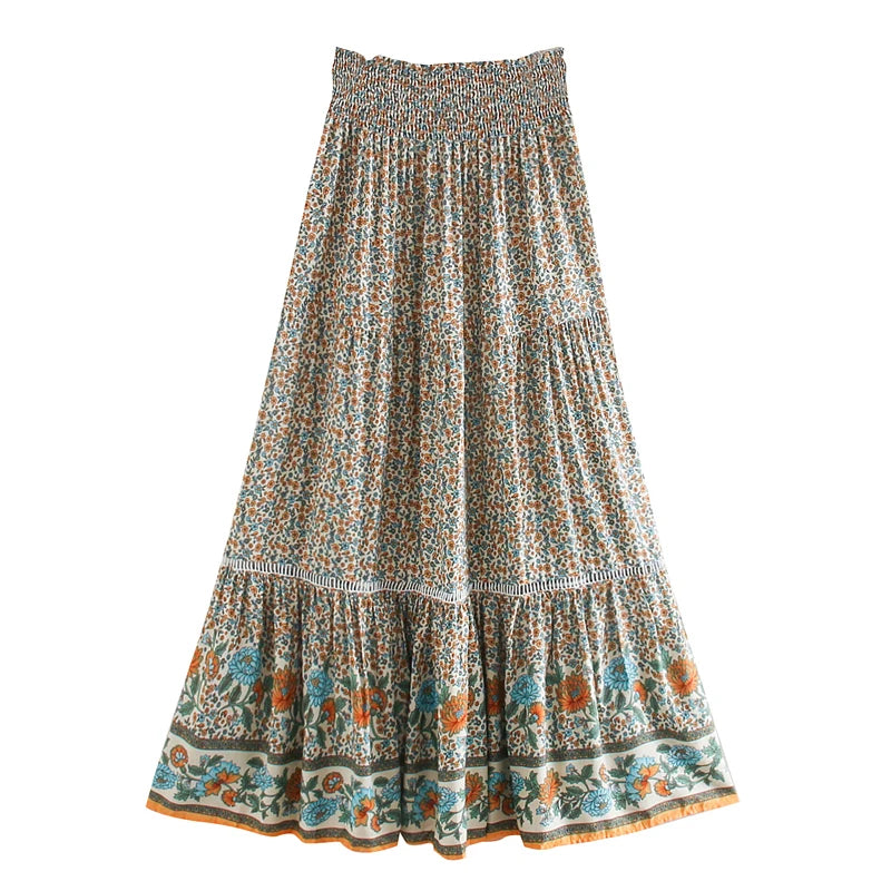Boho Maxi Skirt – “Olive Meadow” Hippie Style Skirt in Red & Beige for Women, Summer, and Festivals