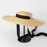 Boho Sun Beach Hat - Wide Brim Straw Hat (15-18 cm) - Flat Top with Black Ribbon