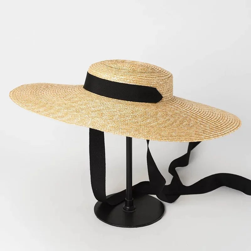 Boho Sun Beach Hat - Wide Brim Straw Hat (15-18 cm) - Flat Top with Black Ribbon