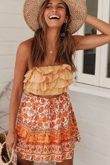 Boho Mini Skirt – “Honey Flower” Floral Print Beach Skirt in Teal & Rust Orange